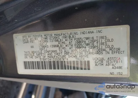 2003 Toyota Tundra Sr5 V8 z USA, uszkodzony, nr VIN 5TBRT34133S387074